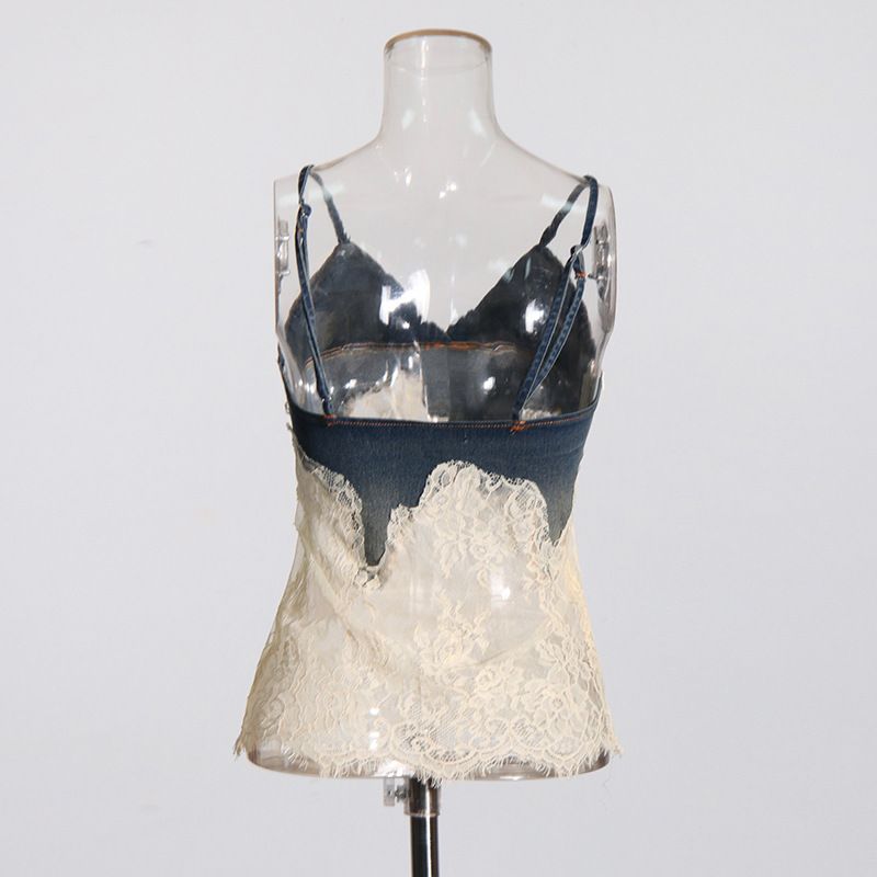 Damenbekleidung Mode sexy Hot Girl Style Sommer neue Spitze Spleißen Hosenträger Top + Kordelzug Denim Mode Shorts_voghion.com