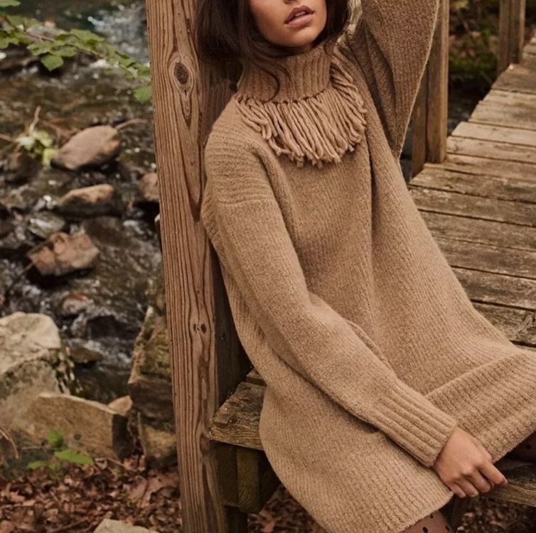 Maglione oversize con collo alto e frange – Abito tunica in maglia grossa (S-XXXL, 7 colori)_voghion.com