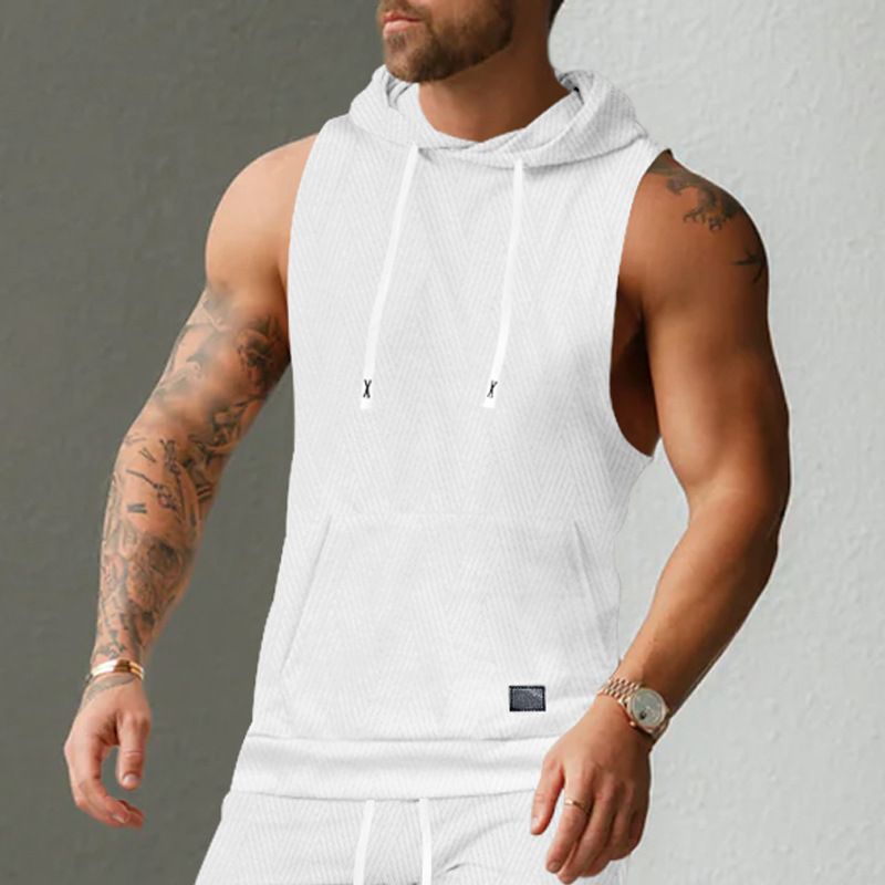 Felpa con cappuccio in maglia jacquard casual da uomo, senza maniche, con tasca applicata e coulisse_voghion.com