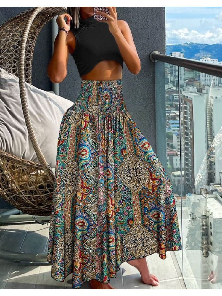Jupe longue à imprimé floral pour femme, style bohème, taille haute, élastique, longueur aux genoux_voghion.com