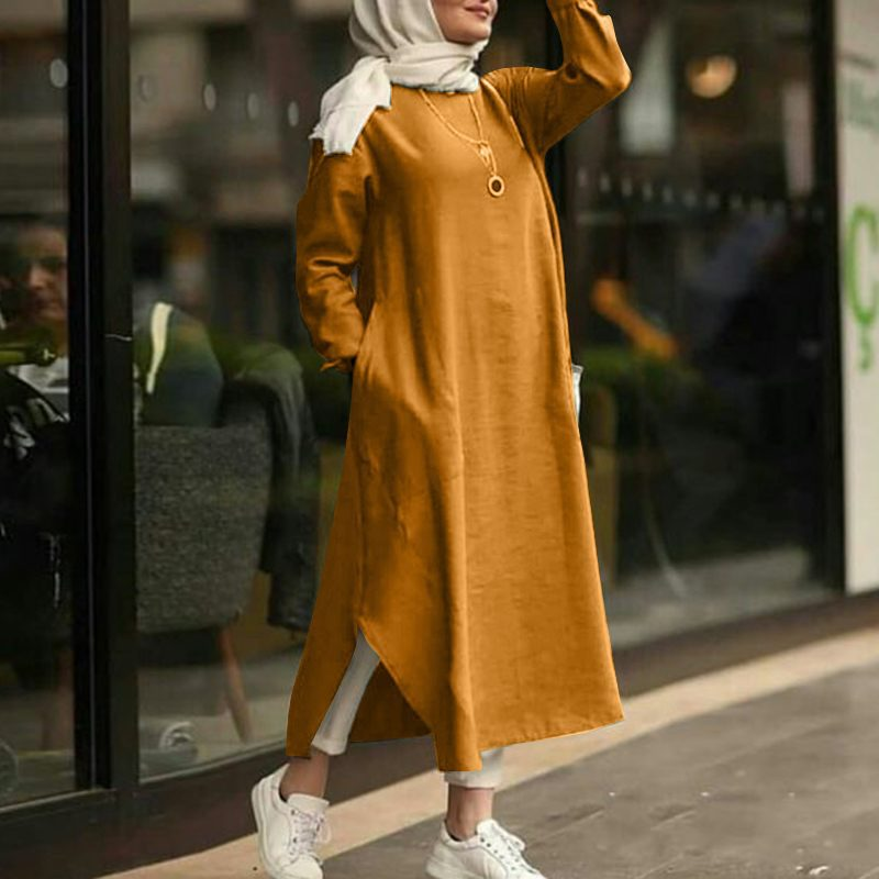 Vintage Ramadan Muslimische Damen Langes Top Kleid Abaya Split Midi Kleid Volle Ärmel Vestidos Weibliche Solide Taschen Robe Abayas_voghion.com