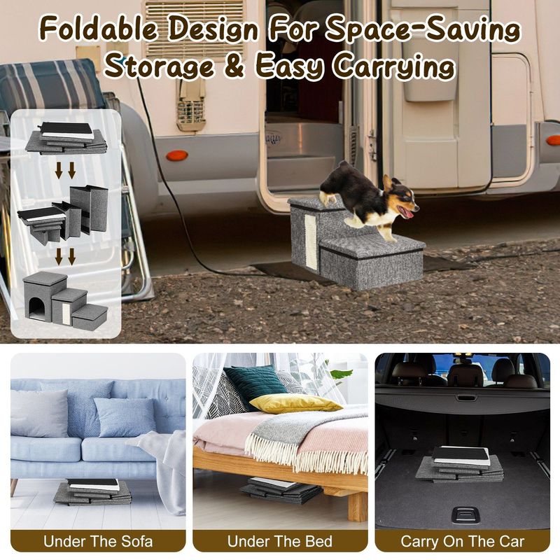 Dog Stairs For Bed And Couch 42cm H, Foldable Dog Stairs For Small Older Dogs Cats, 4 In 1 Adjustable Pet Cat Stairs Steps With Storage, Dog Ramps With Condo, Cat Scratcher, Hold Up To 180LBS_voghion.com