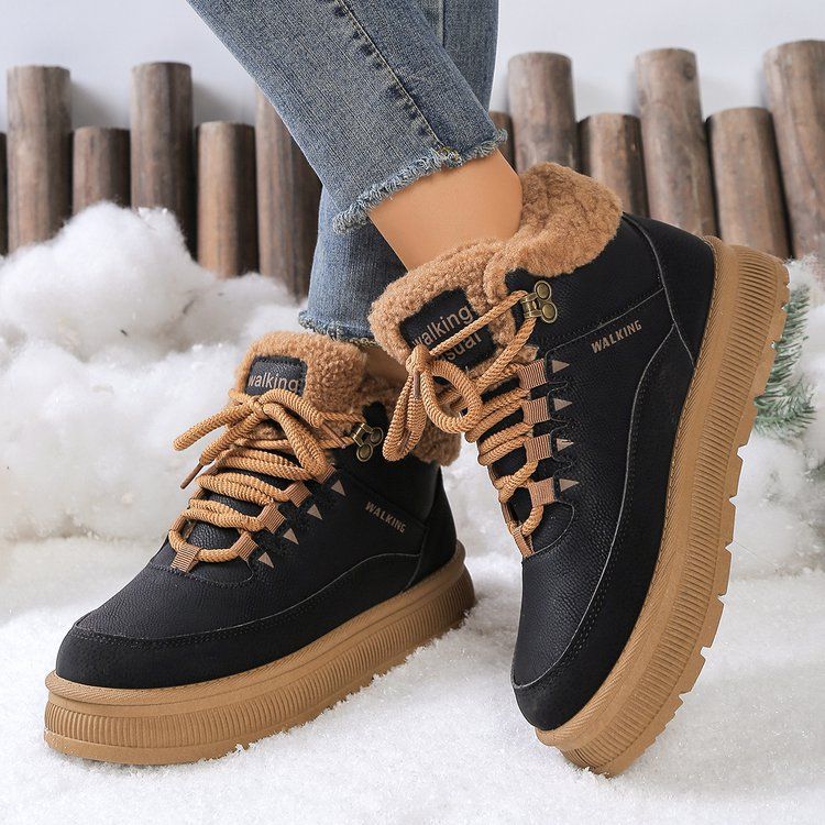 Damen Winterstiefel aus Baumwolle, warm, modisch, zum Schnüren, Schneestiefel, lässig, bequem, bis zur Mitte der Wade, mit Kunstfellfutter, rutschfeste Gummisohle_voghion.com