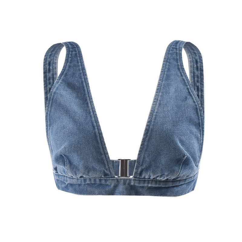 Women's Clothing Summer New Denim Washed Sexy Vest Back Buckle Top_voghion.com