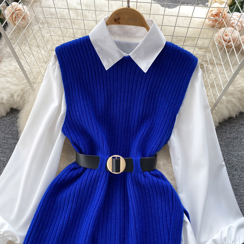 Set de două piese pentru femei, cămașă albă cu mâneci lungi și vestă din tricot despicat_voghion.com