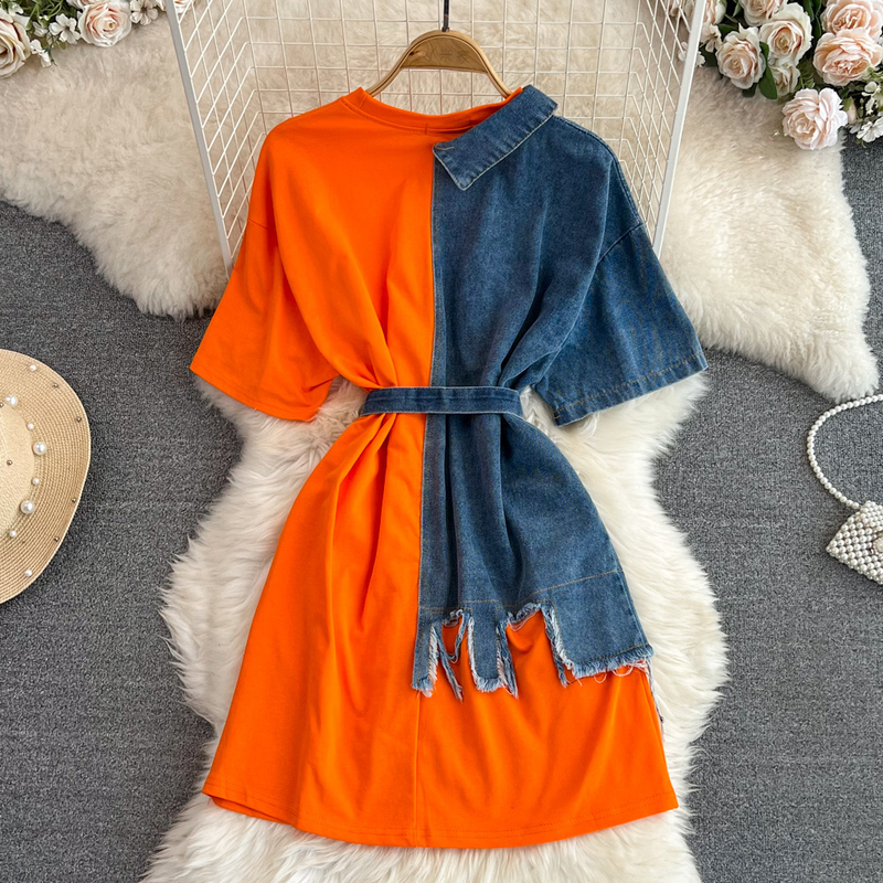 Taille Tailliert Rundhals Color Block Jeanshemd Chic Casual Mittellang_voghion.com