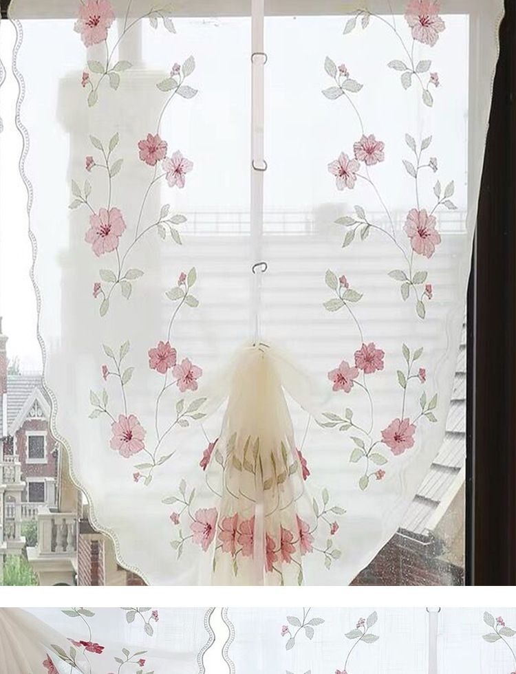 Rosa Türvorhang aus Spitze mit Blumenstickerei – Transparenter Vorhang ohne Bohren mit Spannstange für Raumteiler, Fenster oder Trennwand (80 x 130/150/180 cm)_voghion.com