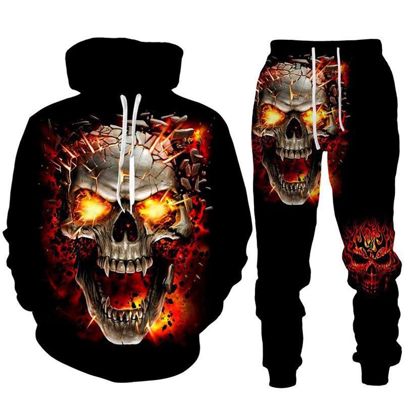 Nuovo set casual da uomo con felpa con cappuccio e pantaloni con stampa 3D digitale del teschio, felpa con cappuccio e pantaloni, set due pezzi per Halloween_voghion.com
