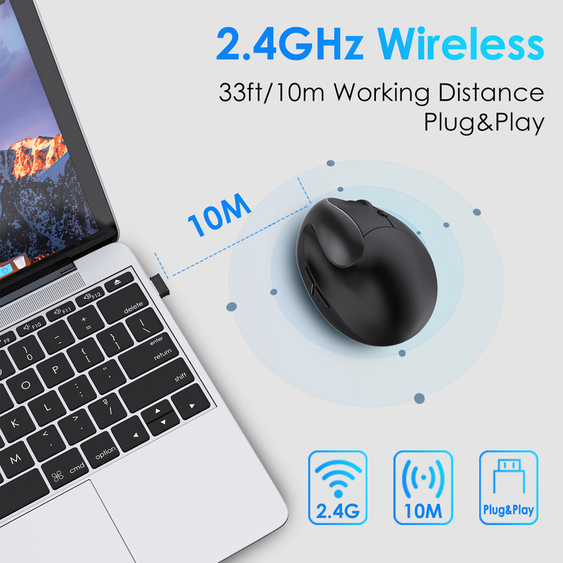 Mouse vertical ergonômico – sem fio 2.4G, 1600 DPI, programável com 6 teclas, recarregável/bateria, clique silencioso (preto/prata/rosa)_voghion.com