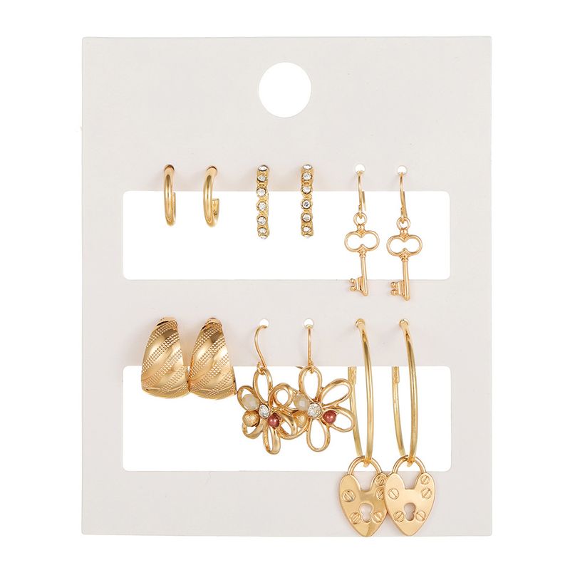 Earring Set Featuring Geometric Metal Earrings With Diamond Studs, Drop-shaped Oil Pearls, Butterfly Lock, And Heart-shaped Earrings_voghion.com