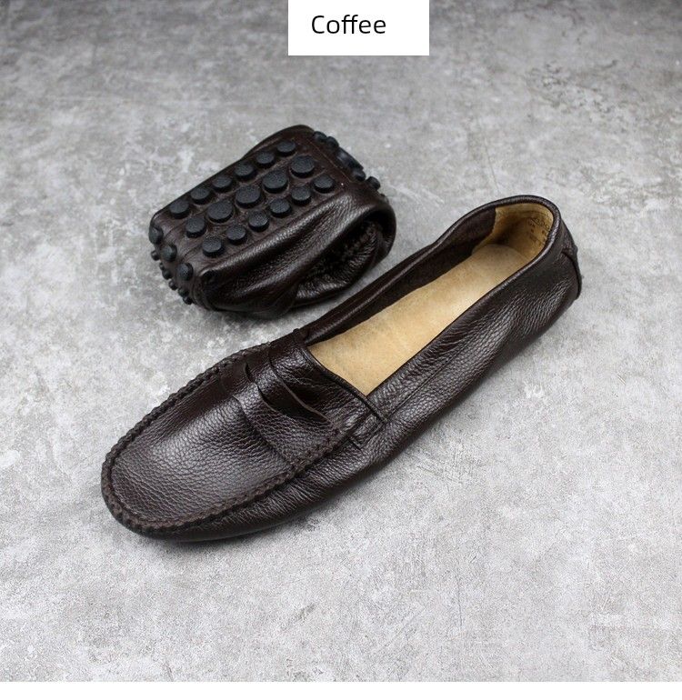 Mocasines transpirables de verano coreanos de cuero genuino sin cordones_voghion.com