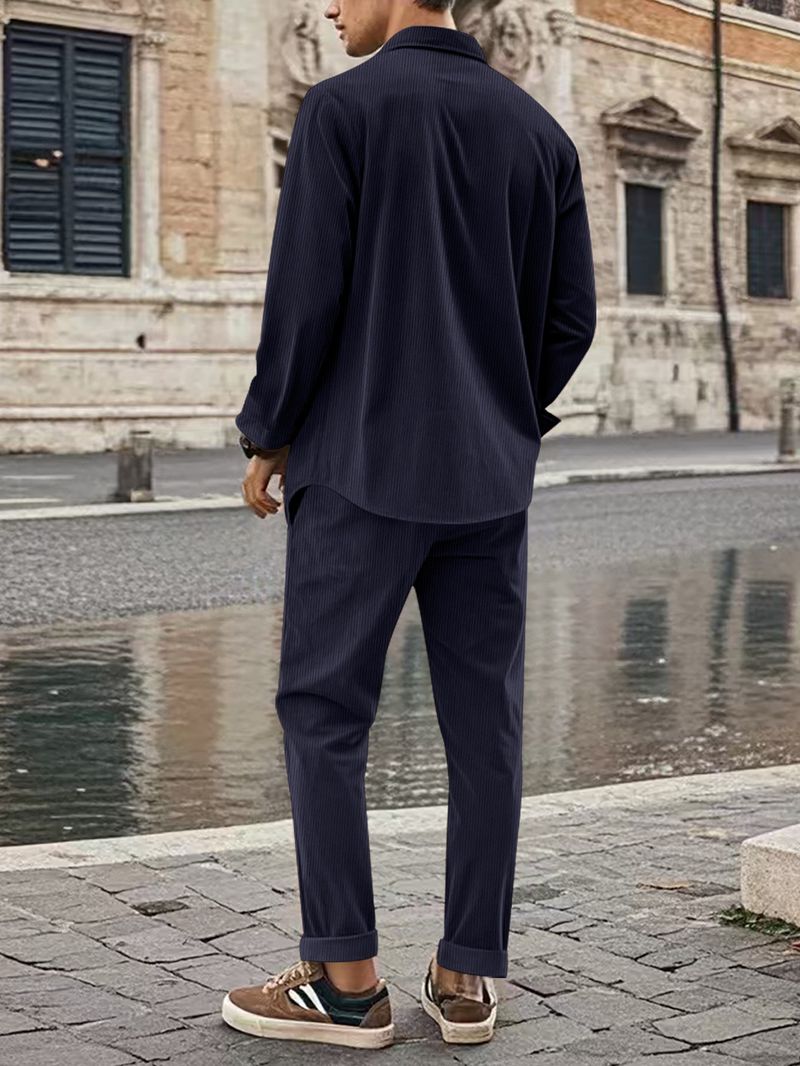 Herren Herbst Casual Button Down Hemd Strickjacke Langarm Hosen Anzug_voghion.com