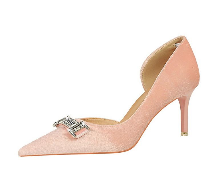 1363-AK80 Bankett High Heels Damen mit dünnen Absätzen, Wildlederoberfläche, flacher Öffnung, spitzer seitlicher Hohlmetall-Wasser_voghion.com