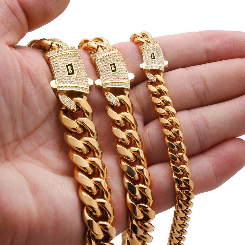 Biżuteria męska Hip Hop Naszyjnik Stal nierdzewna Okrągły szlifowany Szyfrowany łańcuszek kubański Cyrkon Diamentowa klamra Bransoleta męska ze stali tytanowej 6 14 mm_voghion.com