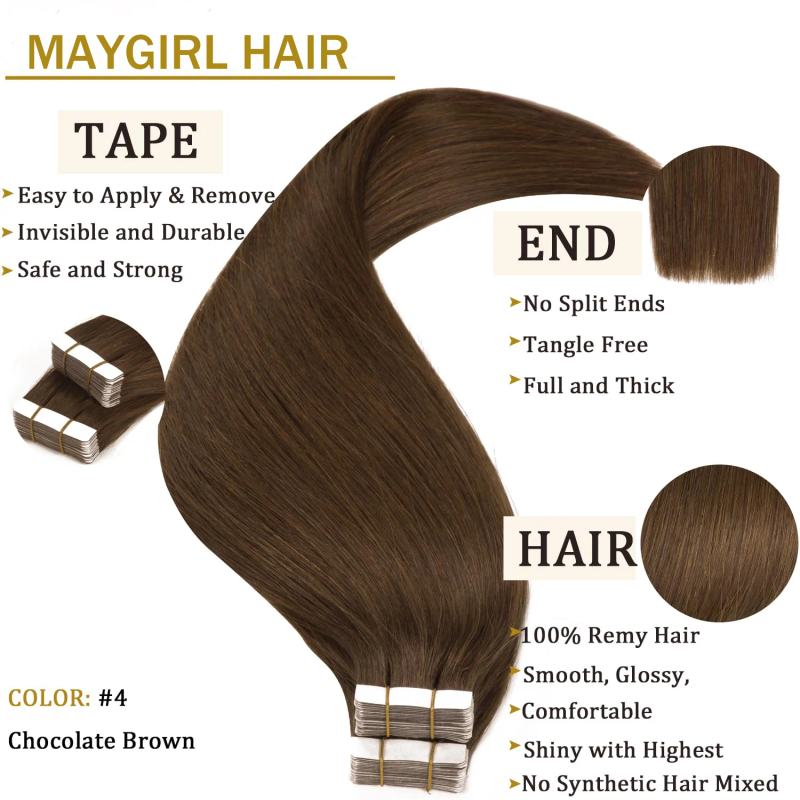 Mellembrune Tape-in Hair Extensions Ægte Glat Remy Hår til Kvinder_voghion.com