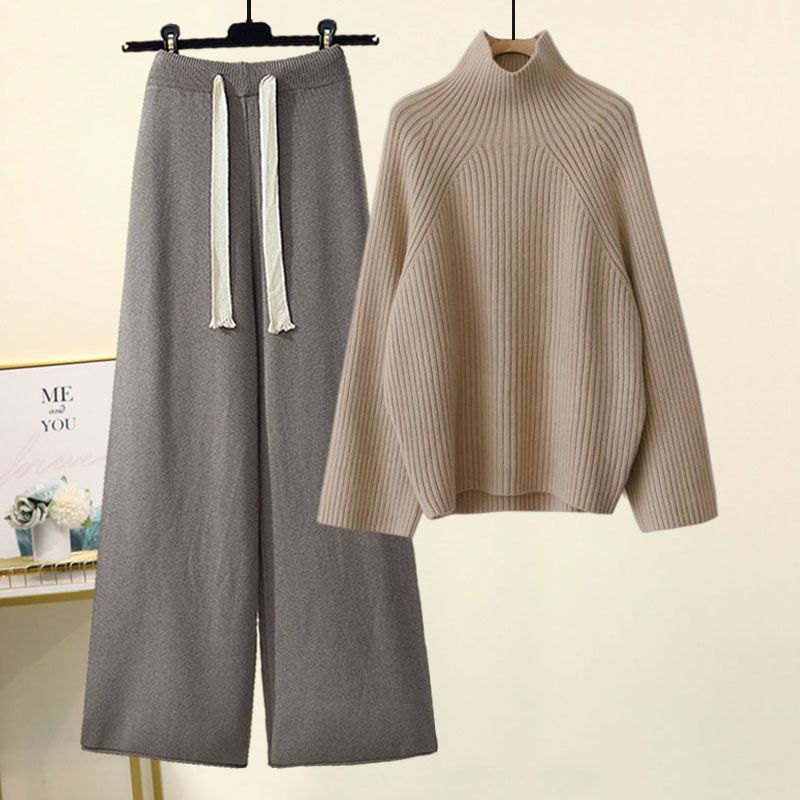 Women's Autumn Knit Sweater & Wide Leg Pants Set - Cozy Oversized Pullover With Flowy Trousers, Casual Loungewear Outfit For Fall_voghion.com