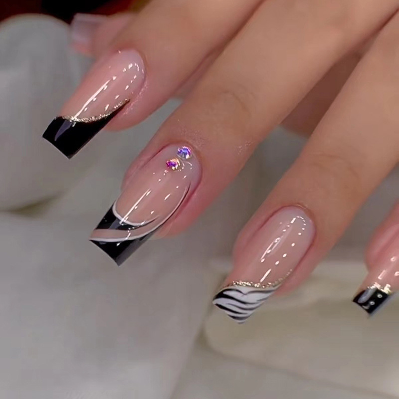 Faux ongles bleu français, 24 pièces, avec poudre de paillettes de diamant cassé, Long Ballet à pression, cercueil portable S s_voghion.com