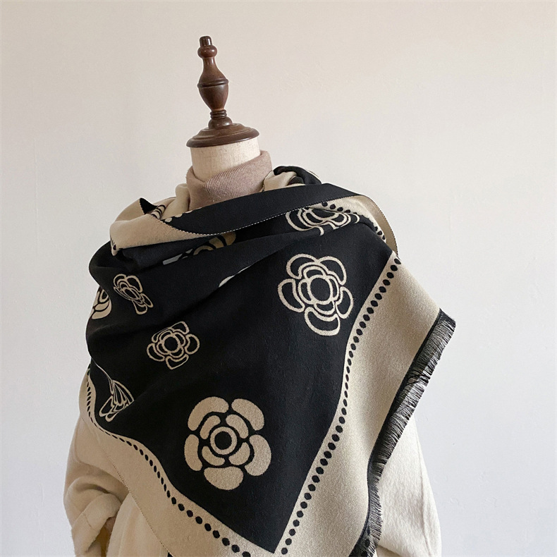 Classic Camellia Blossom Cashmere Versatile Autumn Winter, Thickened and Warm Scarf, Wrapped with Shawl for a_voghion.com