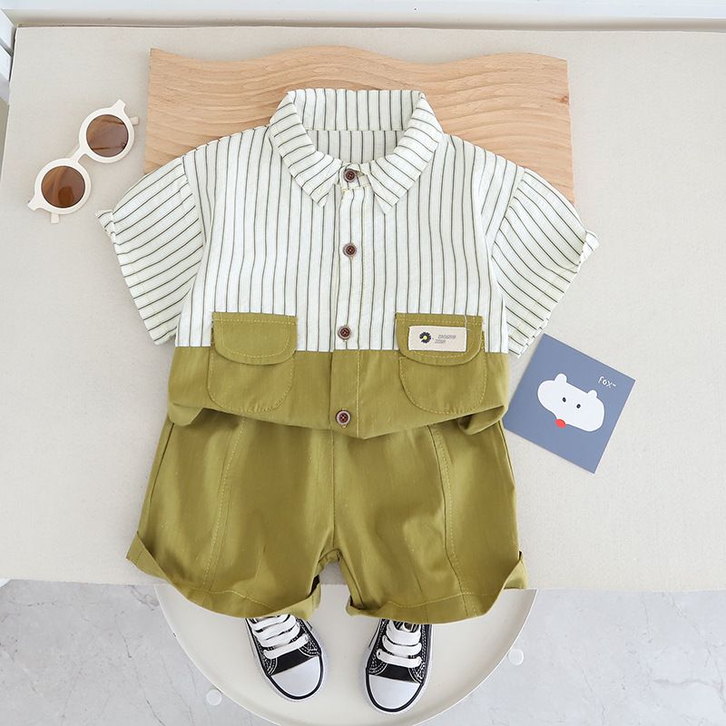 2024 New Handsome Summer T-shirt Little Boys Vertical Stripe Shirt Short Sleeve Two Piece Set_voghion.com