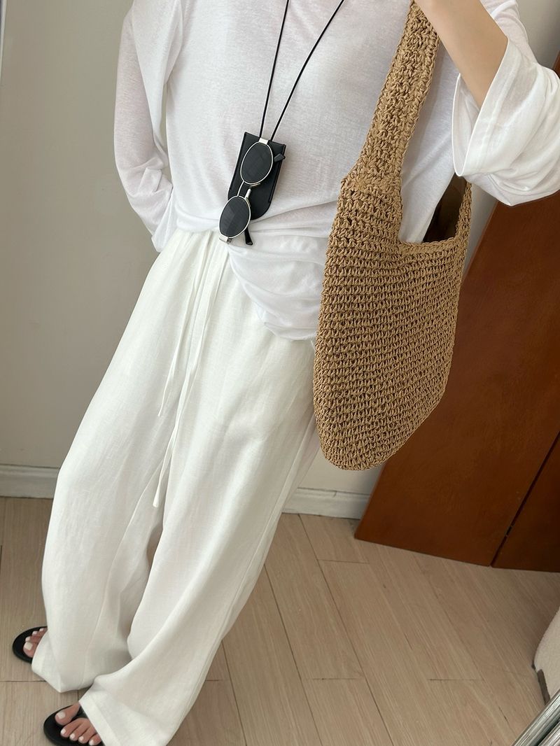 Atmungsaktive Hose aus Leinen-Baumwolle mit weitem Bein für Damen – Relaxed Fit Hose mit hoher Taille und geradem Bein und Kordelzug, lässige Loungewear für den Sommer in Weiß_voghion.com