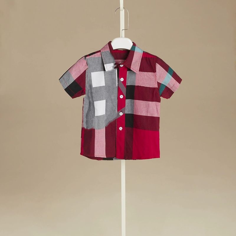 Ubrania dla dzieci Wiosna i jesień Czysta bawełna Koszula dziecięca Koszula w kratę z krótkim rękawem Koszula z klapami_voghion.com
