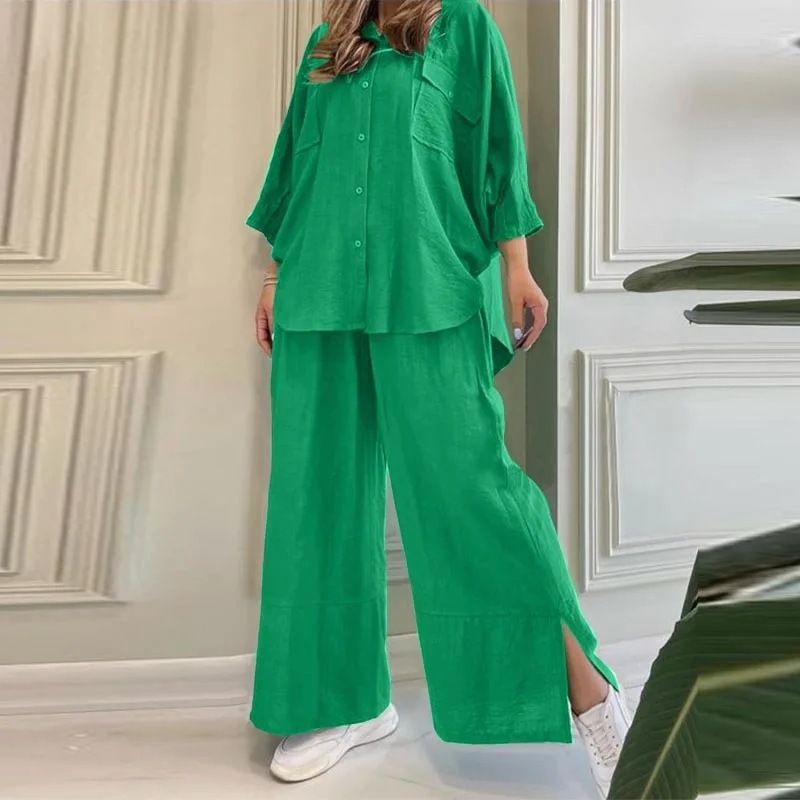 dammode casual lös enfärgad bomull och linne skjorta långärmad byxa kostym tvådelad kostym_voghion.com