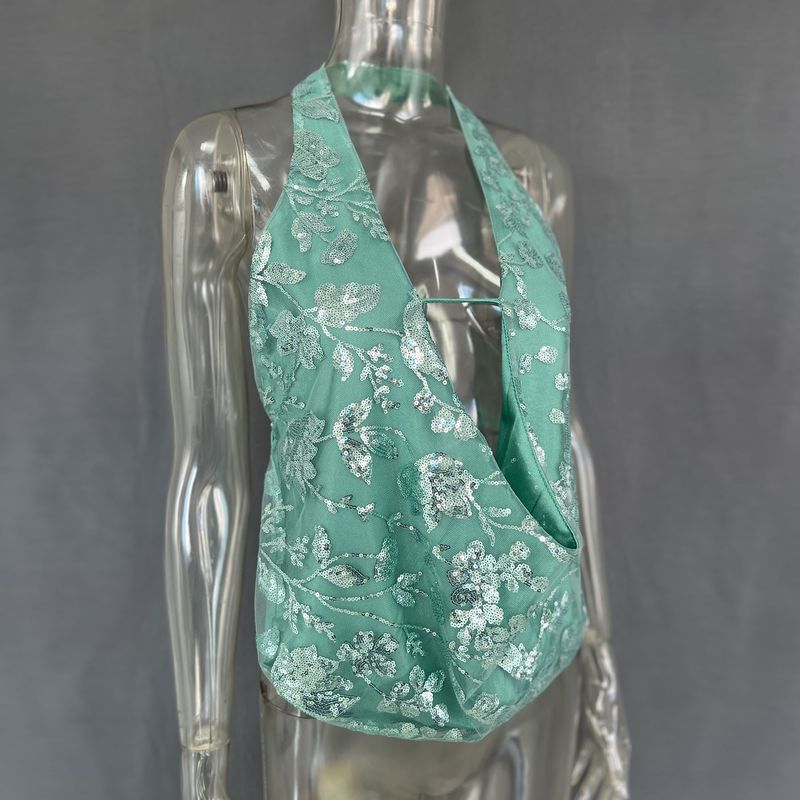 Women's Clothing Spring And Summer Hot Sale Women's Sexy Backless Sequined V Neck Top_voghion.com