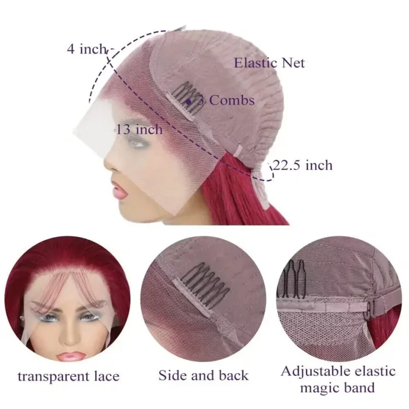 180 % vågigt, vinröd, 13x4 HD-peruk med lace front, äkta hår för kvinnor, brasiliansk, limfri, 99J-peruk med lace front, rea på rea_voghion.com