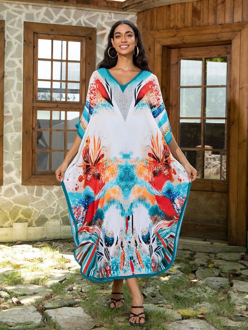 Sukienka maxi z nadrukiem w stylu boho, damska, narzutka z wiskozy – zwiewna tunika plażowa z etnicznymi wzorami, luźny krój w dużych rozmiarach, narzutka na bikini, strój na wakacje_voghion.com
