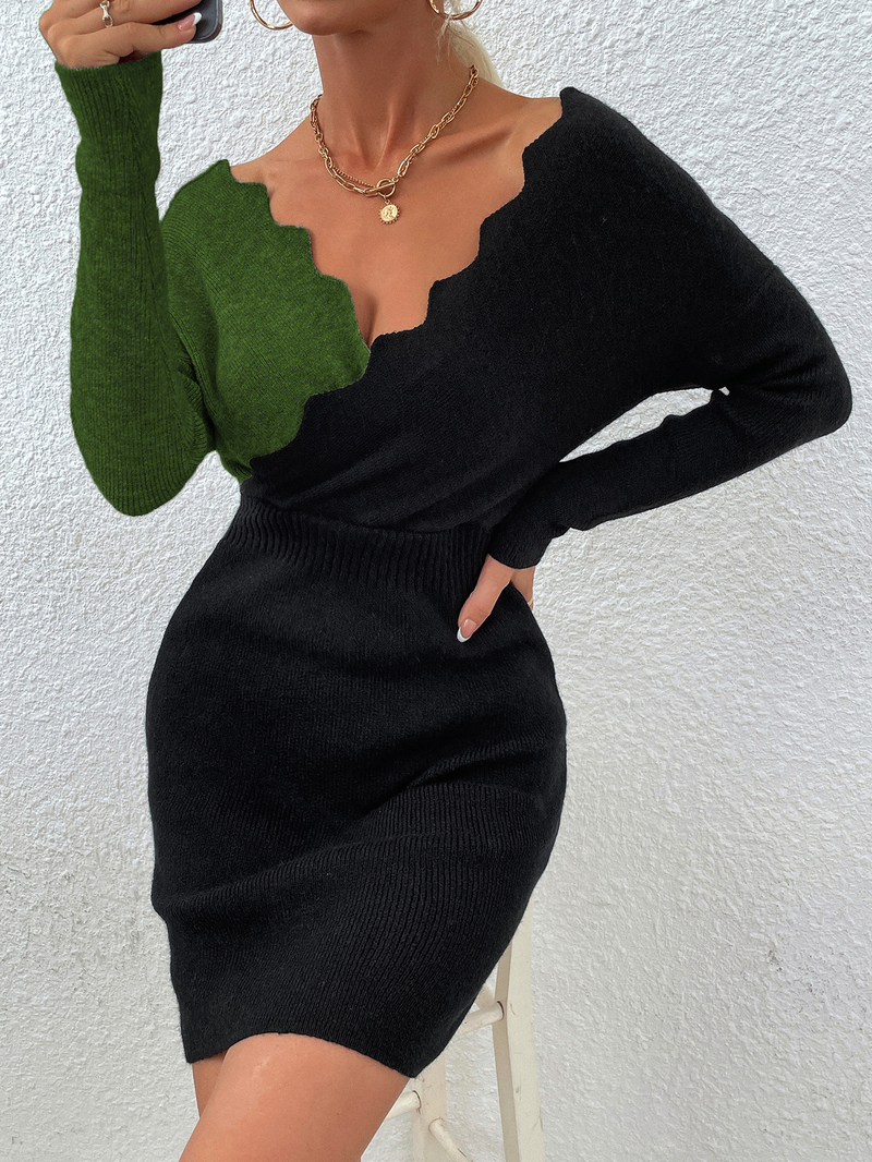 Vêtements pour femmes, pull, col en v, manches chauve-souris ondulées, robe tricotée_voghion.com