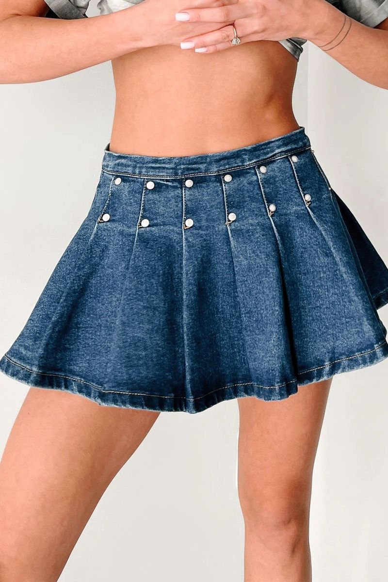 Gonna in denim a pieghe con borchie, stile estivo 2025, da donna, modello Hot Girl, 8947_voghion.com