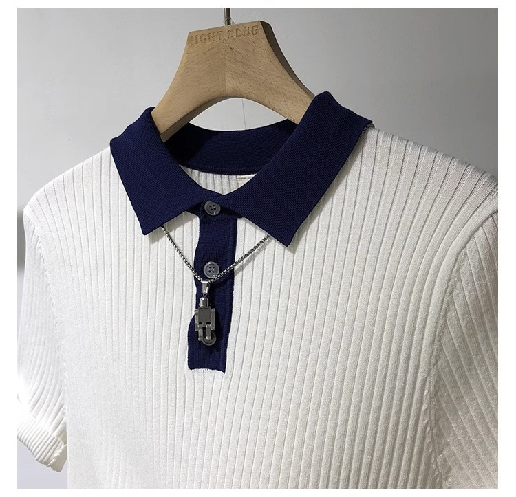 Herrenbekleidung Gestreiftes, kontrastfarbenes, kurzärmliges Poloshirt aus Strick für Herren, neue Sommerkleidung, hochwertiges, lässiges, atmungsaktives Revers-T-Shirt_voghion.com
