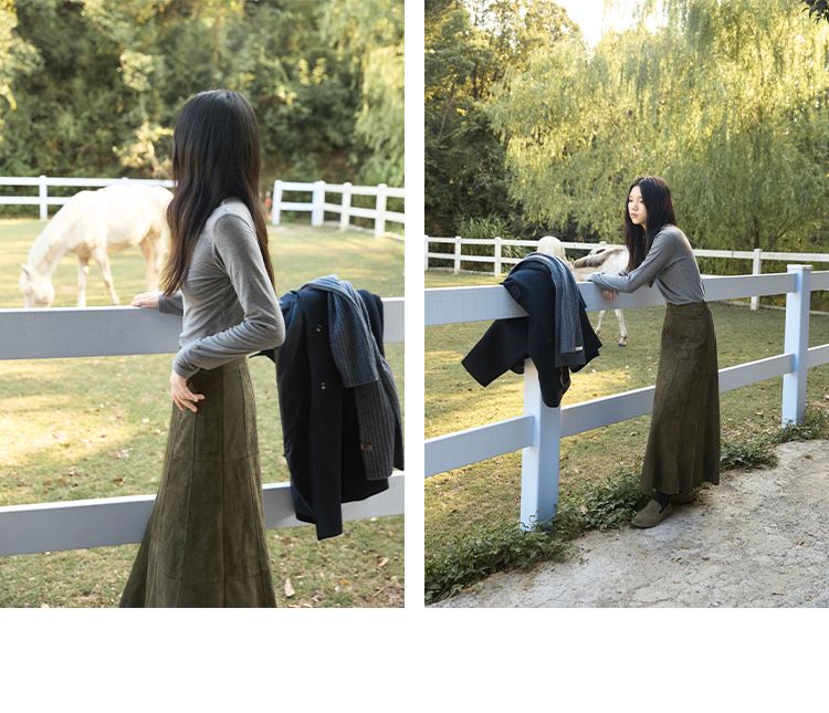 Gonna midi snellente GraceChic Simple Retro Time Machine in pelle scamosciata elegante e temperamento discreto, opaca, 02378_voghion.com