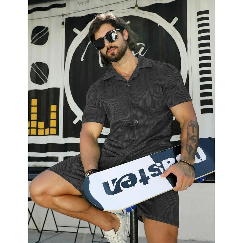 Ensemble chemise et short à manches courtes pour homme, décontracté, respirant, couleur unie, motif vague_voghion.com