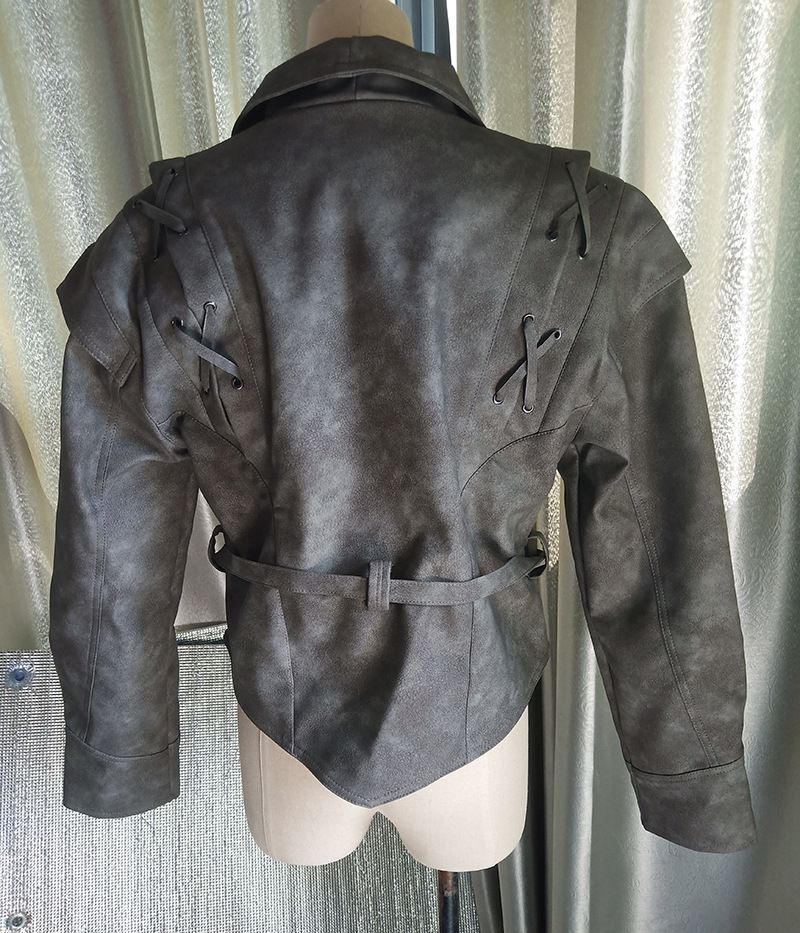 Ropa de mujer Primavera y otoño Nueva Chaqueta de cuero de un solo pecho con cinturón y cuello de fruta verde retro que combina con todo_voghion.com