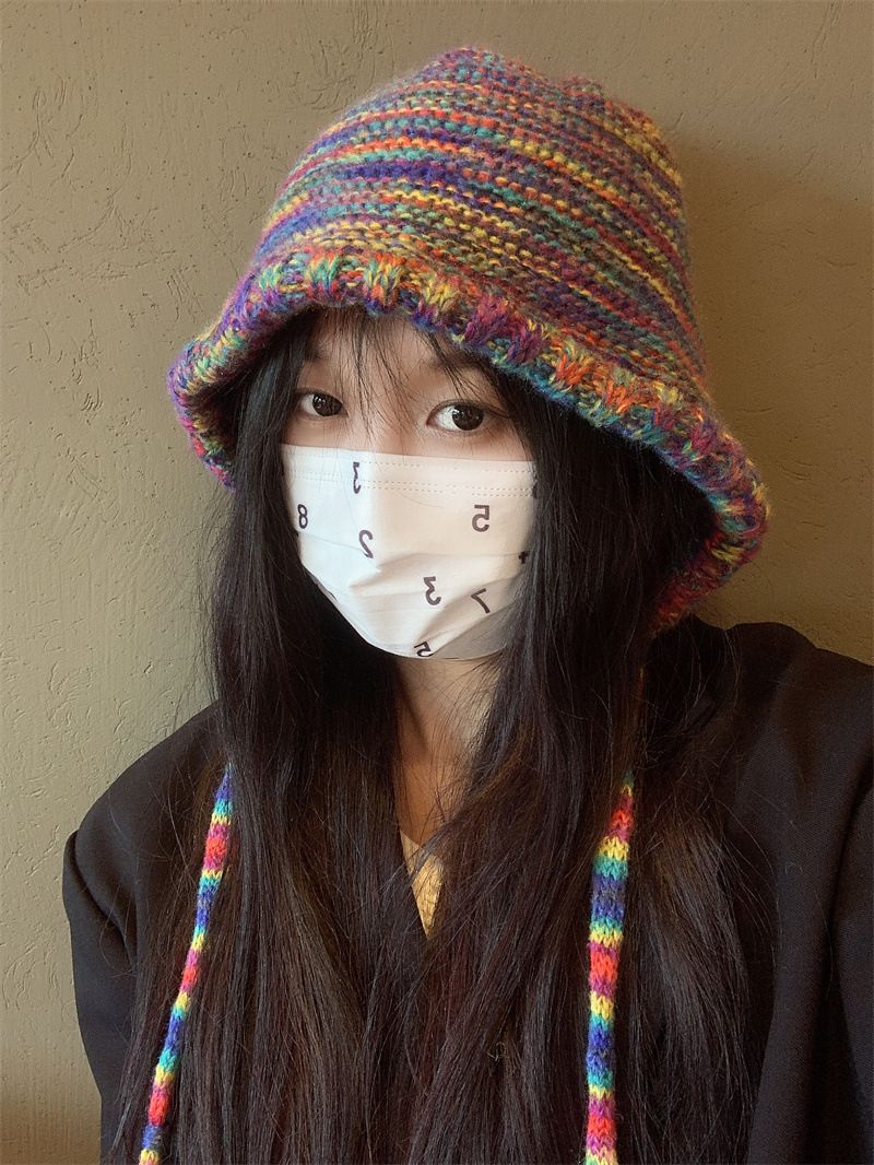 Rainbow gradient ethnic style woolen for women, cute ear protection in autumn and winter, small face, warm drawstring_voghion.com