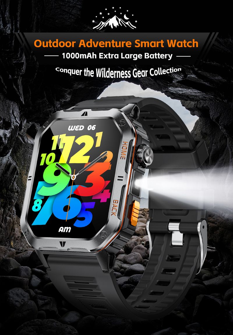 Outdoor Smartwatch With Flashlight – 2.01" HD Screen, 3ATM Waterproof, 1000mAh Battery, Heart Rate & Blood Oxygen Monitor_voghion.com