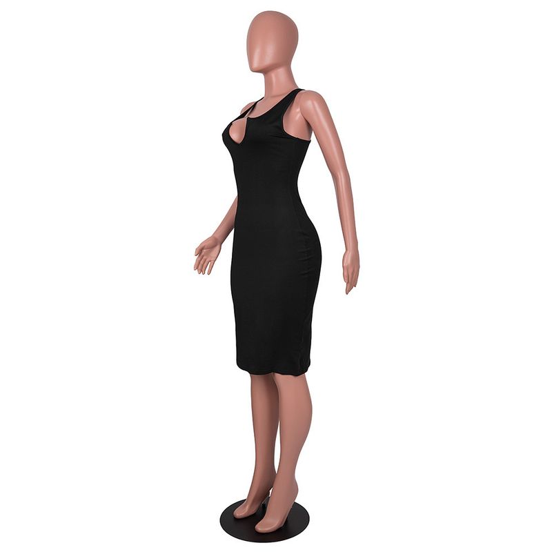 Cross-Level Damenmode, einfarbig, sexy, V-Ausschnitt, eng anliegend, figurbetontes Tank-Kleid_voghion.com