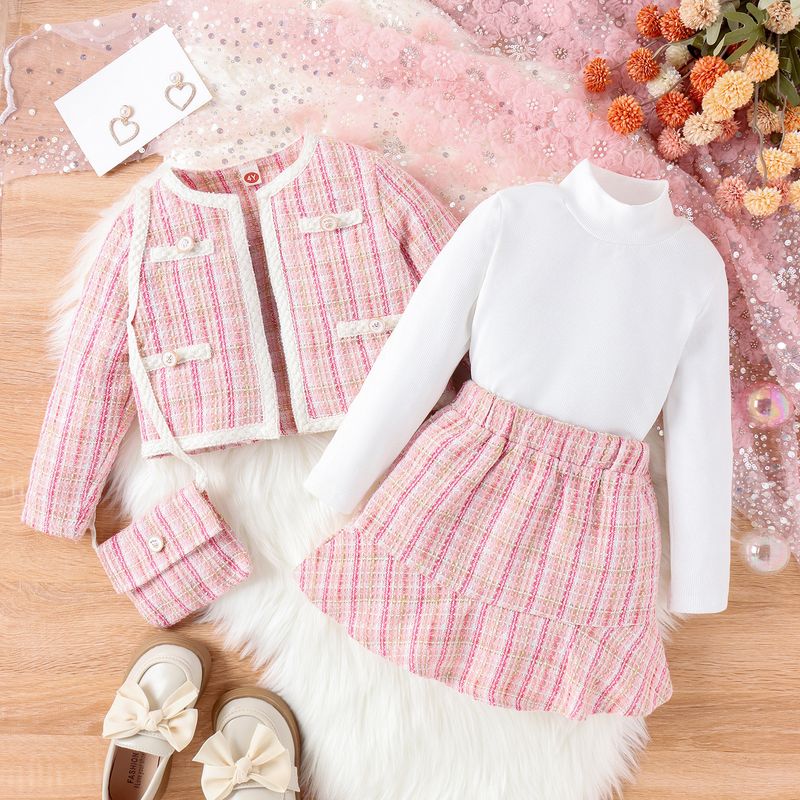 Kinderkleidung, kleiner Duft, Herbst und Winter, vierteiliges Set, einfarbig, Stehkragen + karierter Rock aus Wolle, Mantel + Tasche_voghion.com