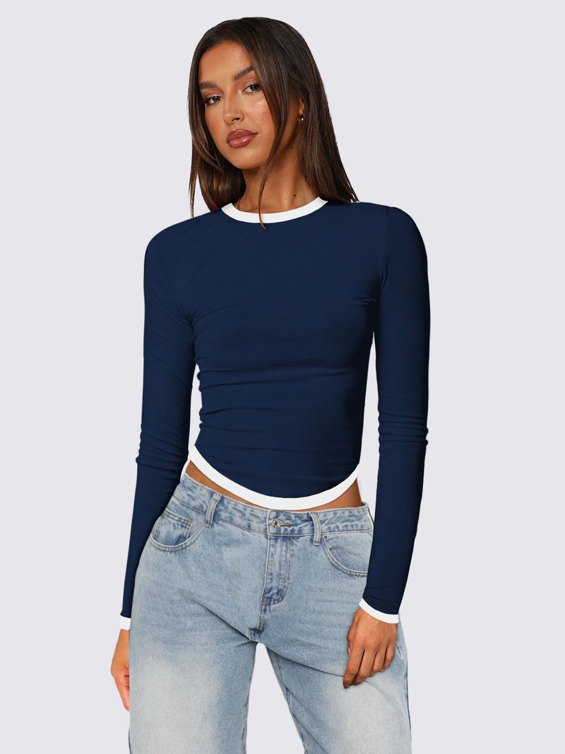 Blusa feminina primavera verão 2025, manga comprida, gola redonda, slim fit, bloco de cores_voghion.com
