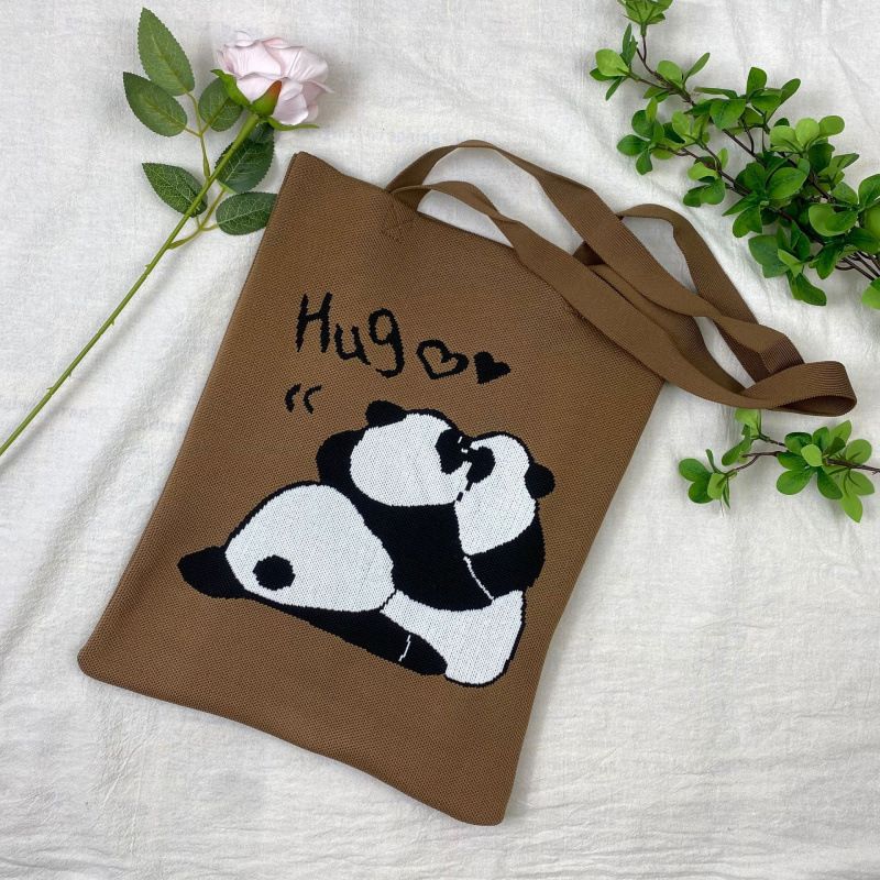 Borsa a mano da donna lavorata a maglia a forma di panda dei cartoni animati, grande capacità, tracolla versatile, borsa a secchiello carina_voghion.com