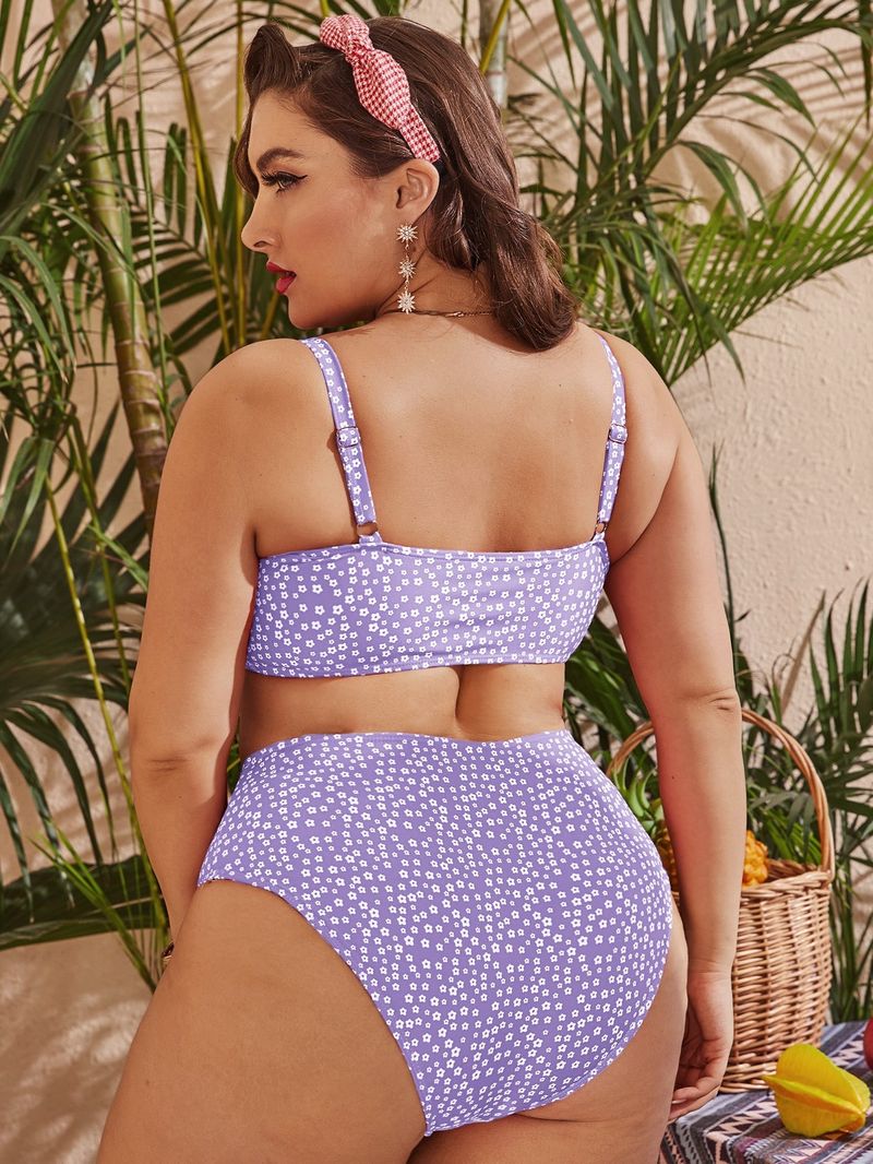 Plus Size High Waist Bikini Set - Floral Print & Polka Dot Swimsuit For Women Tummy Control Two-Piece Swimwear With Adjustable Ties_voghion.com