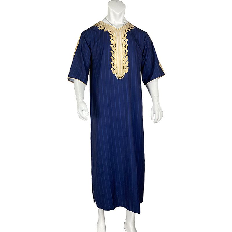 Männer Muslimischen Sommer Mode Lose Robe Islam Kaftan Männer Kleidung Dubai Luxus Muslimischen Abaya Muslimischen V-ausschnitt Kurzarm Druck_voghion.com