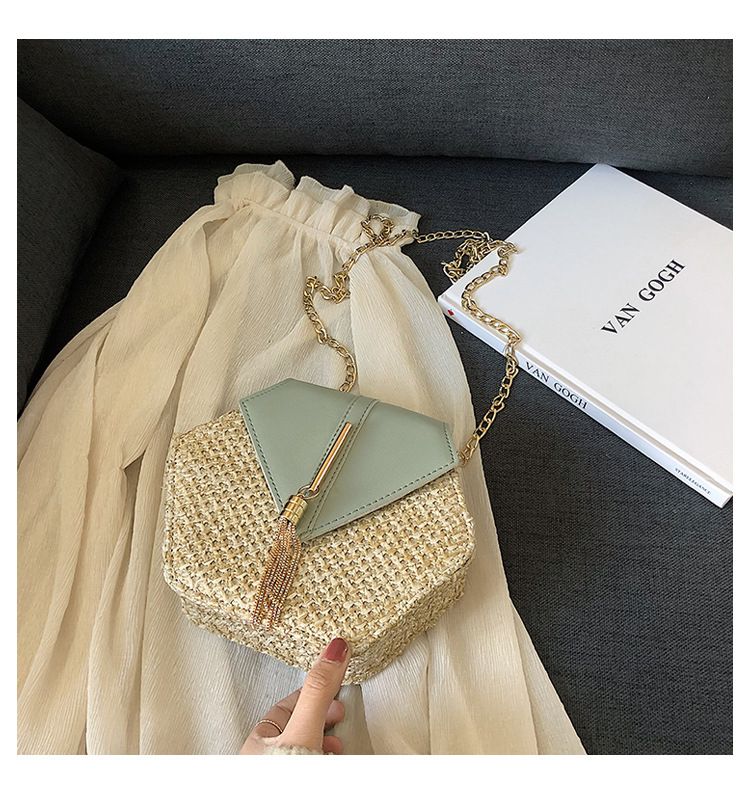 【Hohe Qualität】Trendy Stroh gewebt strukturierte Kette Schulter Crossbody Damen sechseckige Tasche_voghion.com
