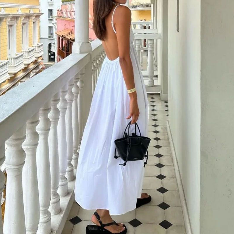 Robe trapèze sexy dos nu sans manches, couleur unie, col en V, jupe à bretelles_voghion.com