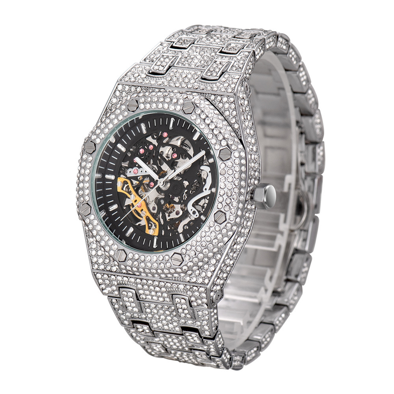 MISSFOX Full Diamond Hollow mechanische wasserdichte Herrenuhr aus leuchtendem Edelstahl_voghion.com