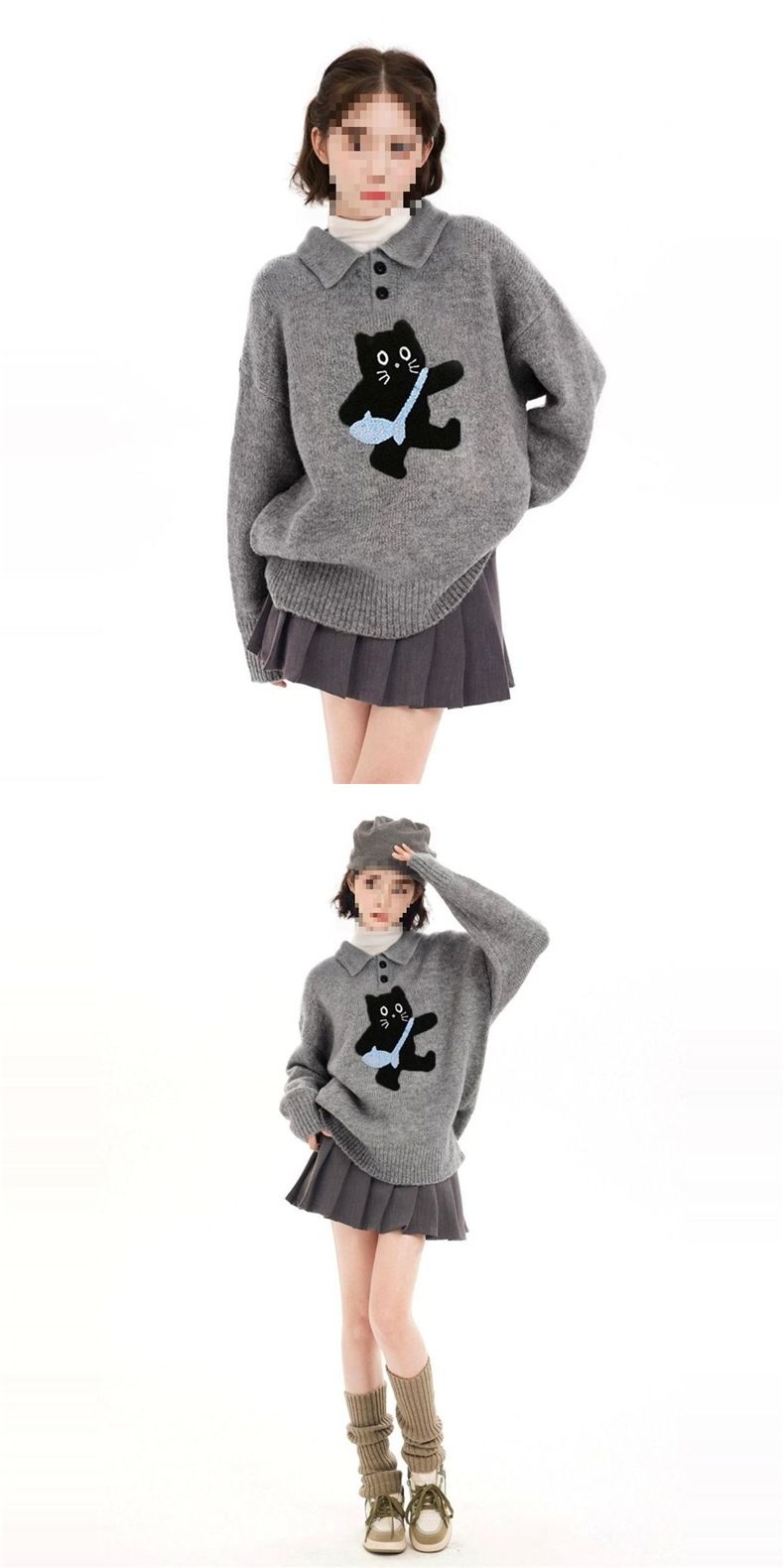 Pull-over gris à col rabattu pour femme, maille épaisse et ample style décontracté, idéal pour l'automne et l'hiver_voghion.com