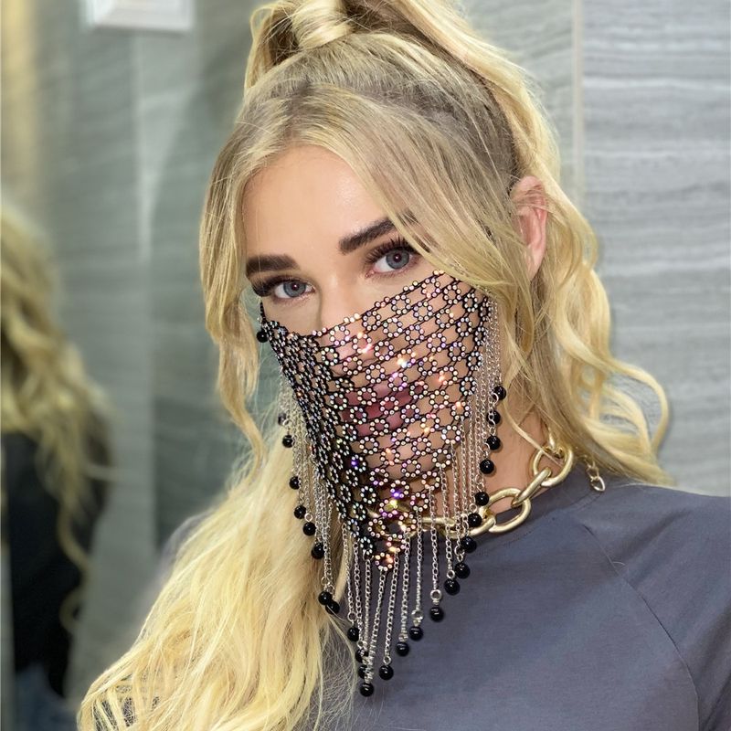 Patchwork With Accessories Sparkling Rhinestone Tassel Face Mask LBZ1254_voghion.com