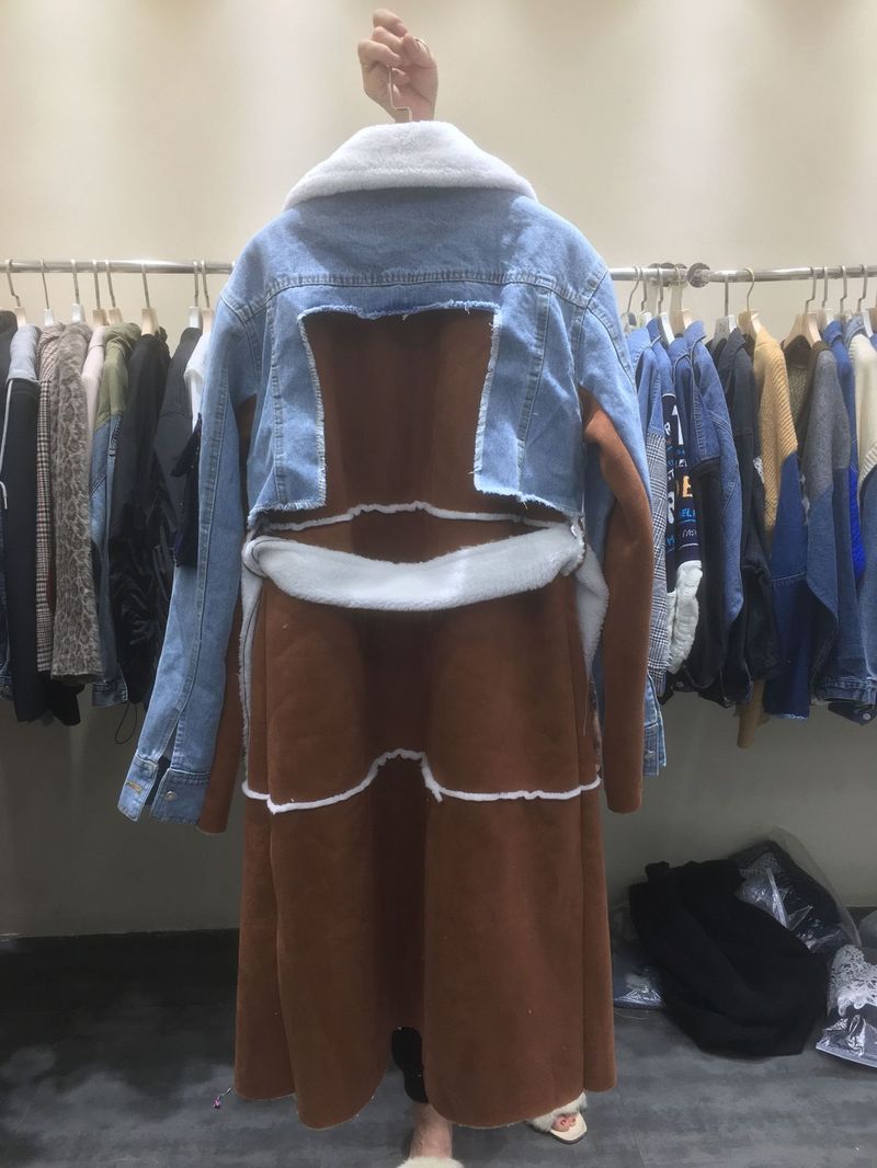 Women's Clothing Street Fashion Coat With Lapel And Waist Tie Long Denim Splicing Lamb Wool Contrast Color Trench Coat_voghion.com