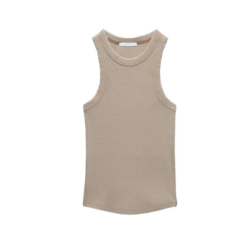 TAOP&ZA - Camiseta básica de primavera para mujer, estilo americano, con espalda nadadora y ribete de canalé lavado 3253301_voghion.com